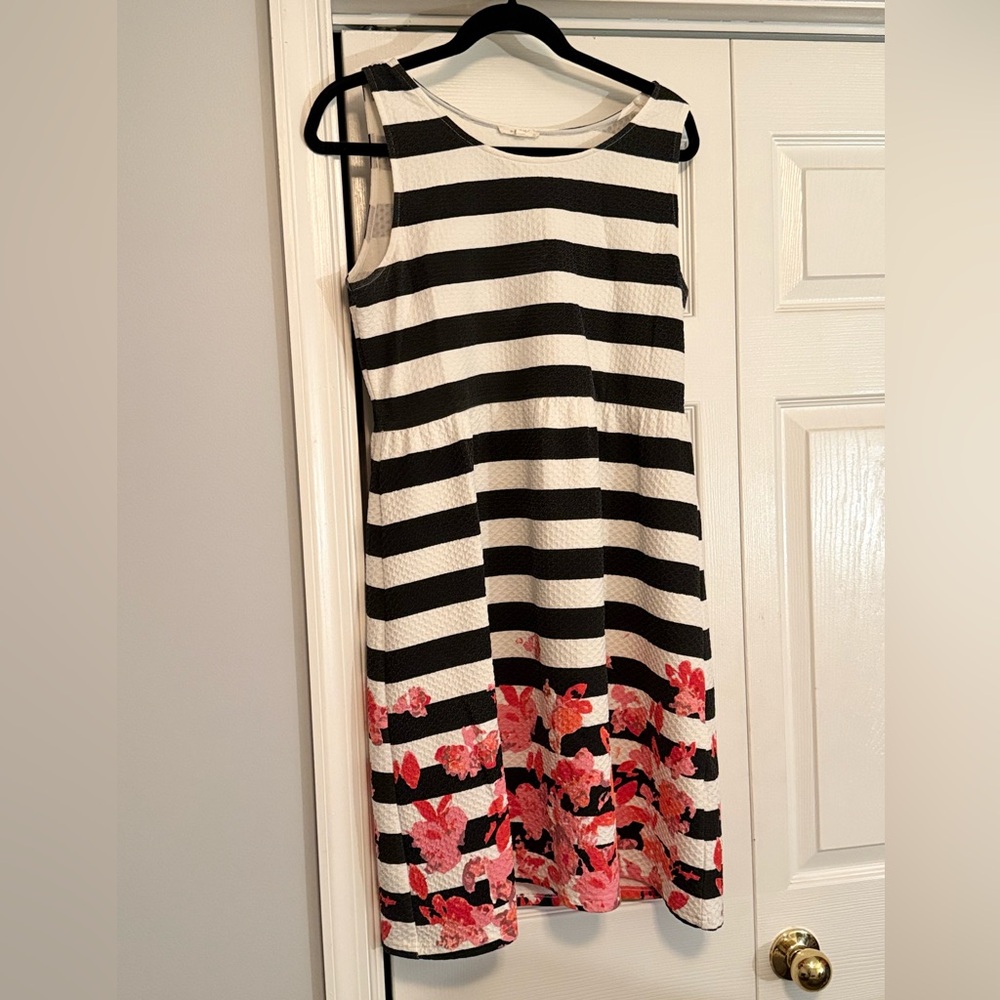 Mystree Black and White Striped Midi Dress with Pink Floral Accents